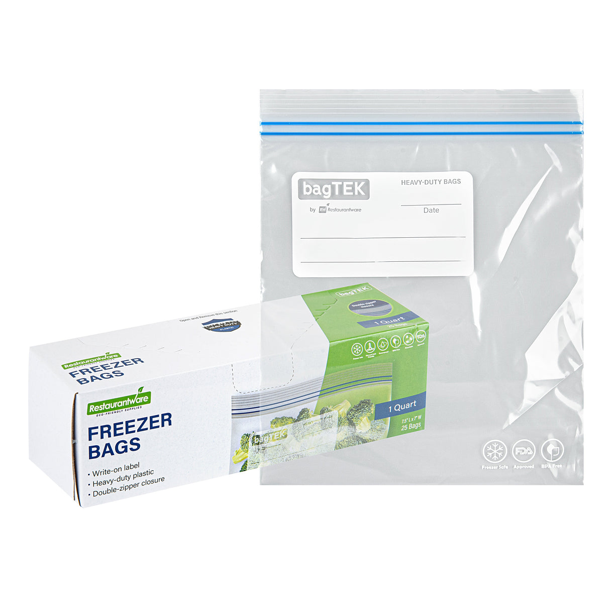 Bags, Freezer, Bag Tek 1 Quart, Plastic, Clear, Double Zipper, 7.5 x 7 Inch, with Write-On Label,25 - 1 EACH