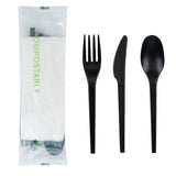 Cutlery Kits, Fork/Knife/Spoon, 6.5 Inch, Plastic, Black, with White Napkin, Heat Resistant & Compostable, Wrapped, CPLA,100 - 1 EACH