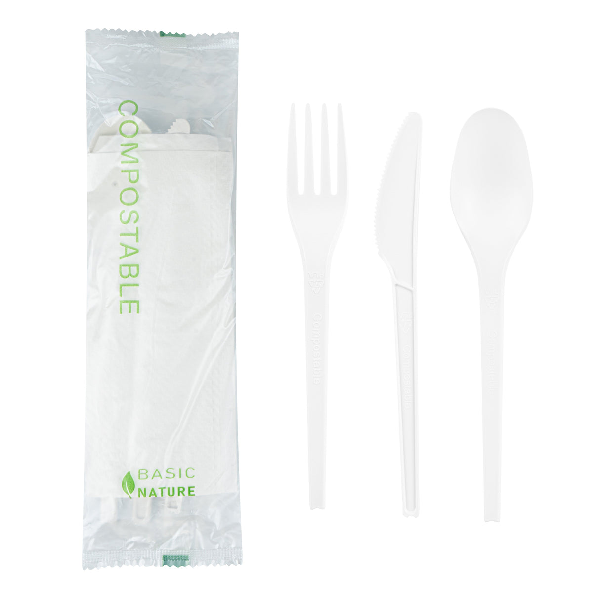 Cutlery Kits, Fork/Knife/Spoon, 6.5 Inch, Plastic, White, with White Napkin, Heat Resistant & Compostable, Wrapped, CPLA,100 - 1 EACH
