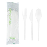 Cutlery Kits, Fork/Knife/Spoon, 6.5 Inch, Plastic, White, with White Napkin, Heat Resistant & Compostable, Wrapped, CPLA,100 - 1 EACH