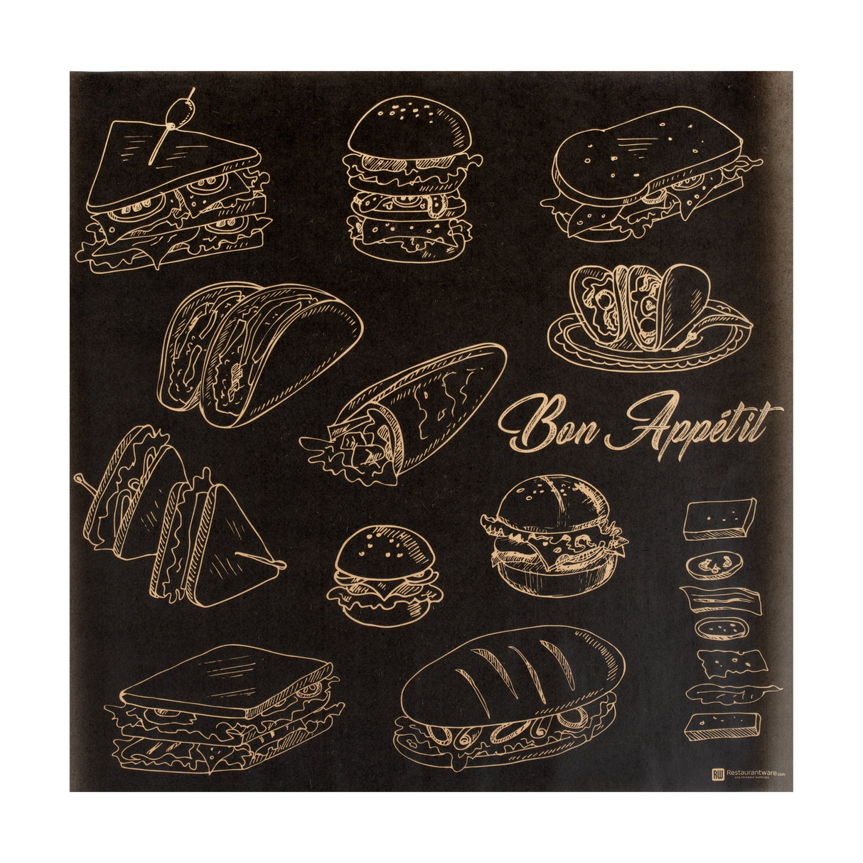 Food Wrap & Basket Liners, Bakery, RW Base 12 x 12 Inch, Greaseproof Paper, Black, Bone Appetit Print,10 - 200 COUNT