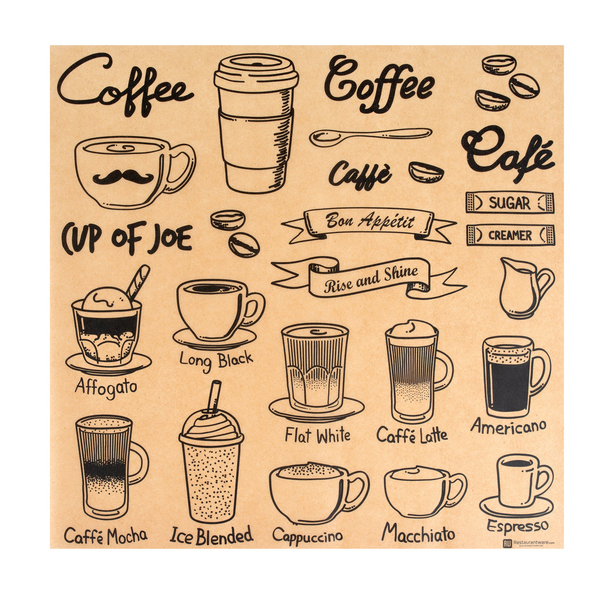 Food Wrap & Basket Liners, Coffee Shop, RW Base 12 x 12 Inch, Greaseproof Paper, Kraft, Cup of Joe Print,10 - 200 COUNT