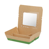 Boxes, 3-Compartment Lunch, Bento Tek 51 Ounce, Paper, Kraft & Green, 9.50 x 7.50 x 2 Inch, with PLA Window,100 - 1 EACH