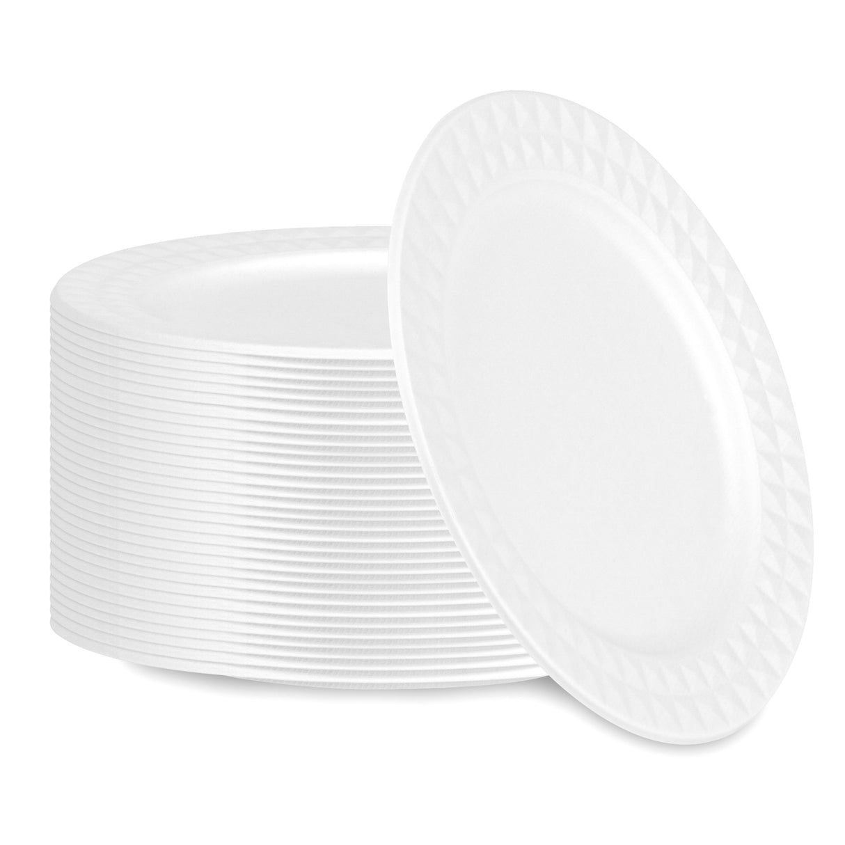 Plates, Pulp Safe 9 x 9 x 0.50 Inch, Sugarcane & Bagasse, White, with Diamond Rim,4 - 25 COUNT