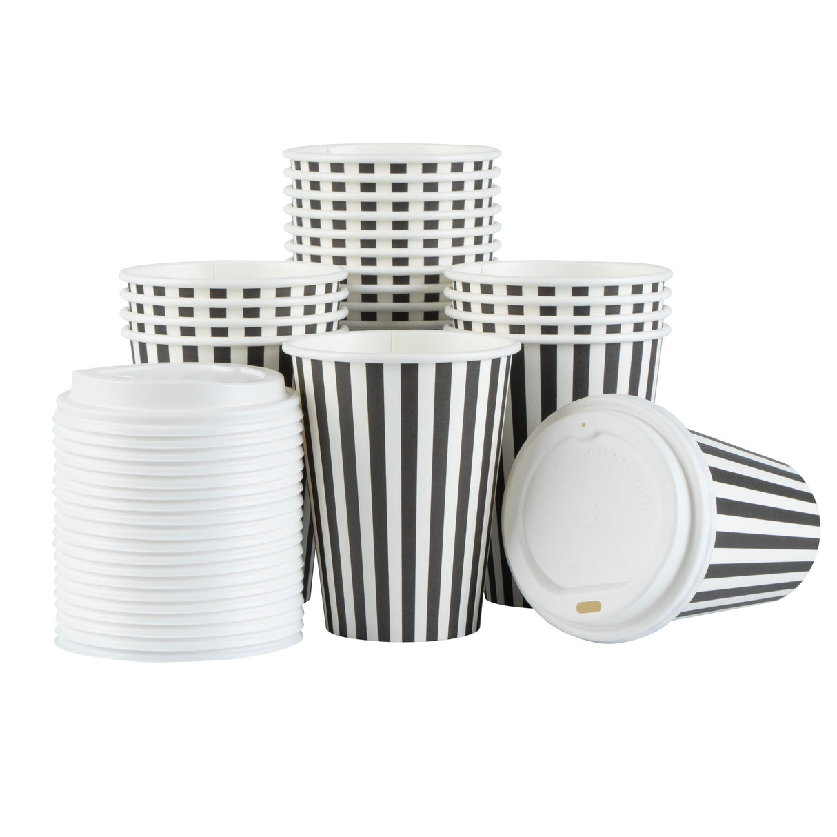 Cups, Hot, Restpresso 12 Ounce, Paper, Black & White Stripe, Single Wall, 3.50 x 3.50 x 4.75 Inch, with White Lid,20 - 20 COUNT
