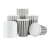 Cups, Hot, Restpresso 12 Ounce, Paper, Black & White Stripe, Single Wall, 3.50 x 3.50 x 4.75 Inch, with White Lid,20 - 20 COUNT