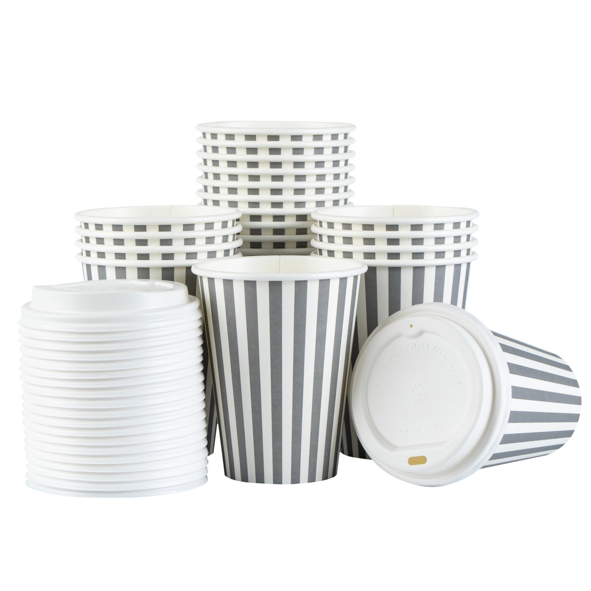 Cups, Hot, Restpresso 12 Ounce, Paper, Gray & White Stripe, Single Wall, 3.50 x 3.50 x 4.75 Inch, with White Lid,20 - 20 COUNT