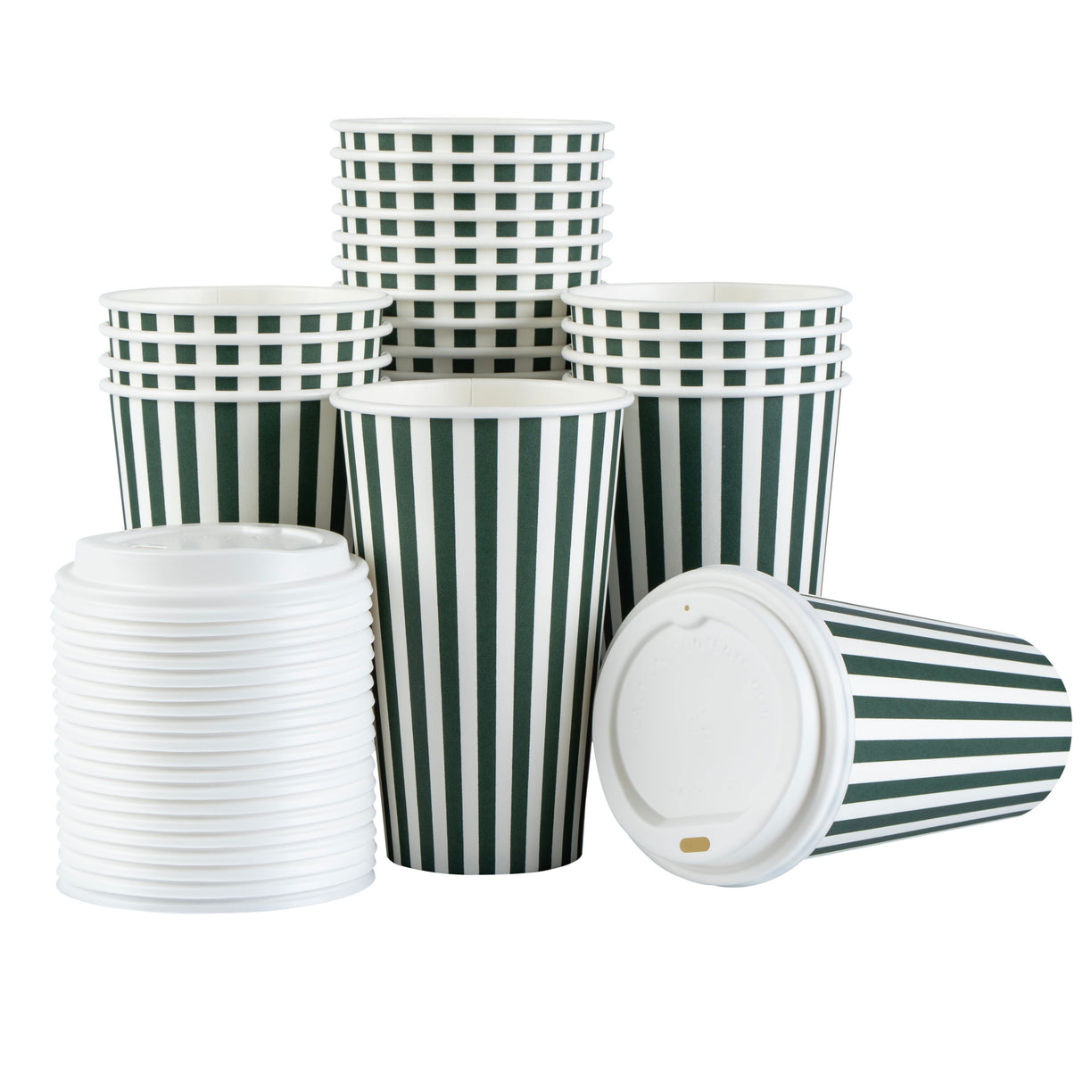 Cups, Hot, Restpresso 16 Ounce, Paper, Forest Green & White Stripe, Single Wall, 3.50 x 3.50 x 5.75 Inch, with White Lid,20 - 20 COUNT