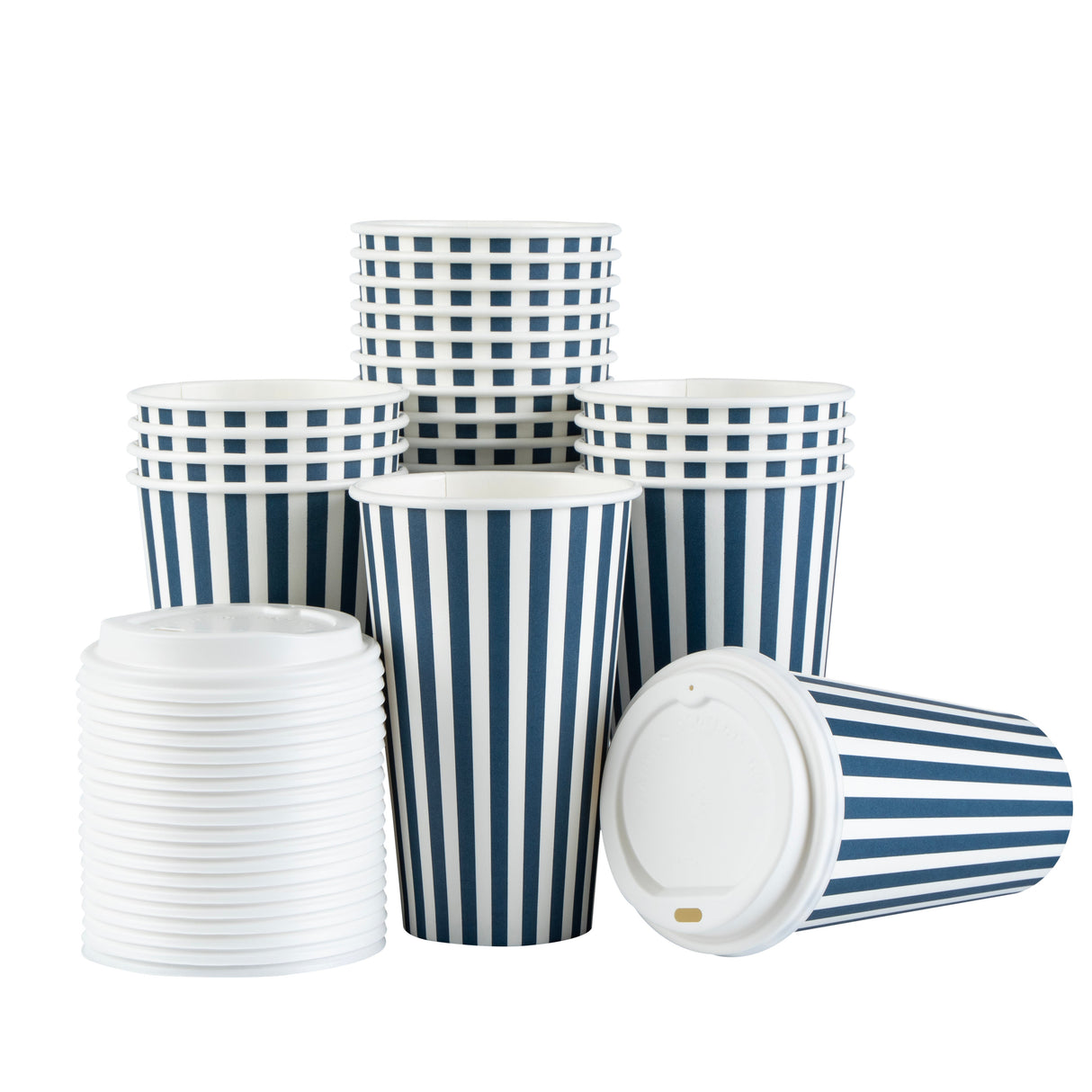 Cups, Hot, Restpresso 16 Ounce, Paper, Blue & White Stripe, Single Wall, 3.50 x 3.50 x 5.75 Inch, with White Lid,20 - 20 COUNT