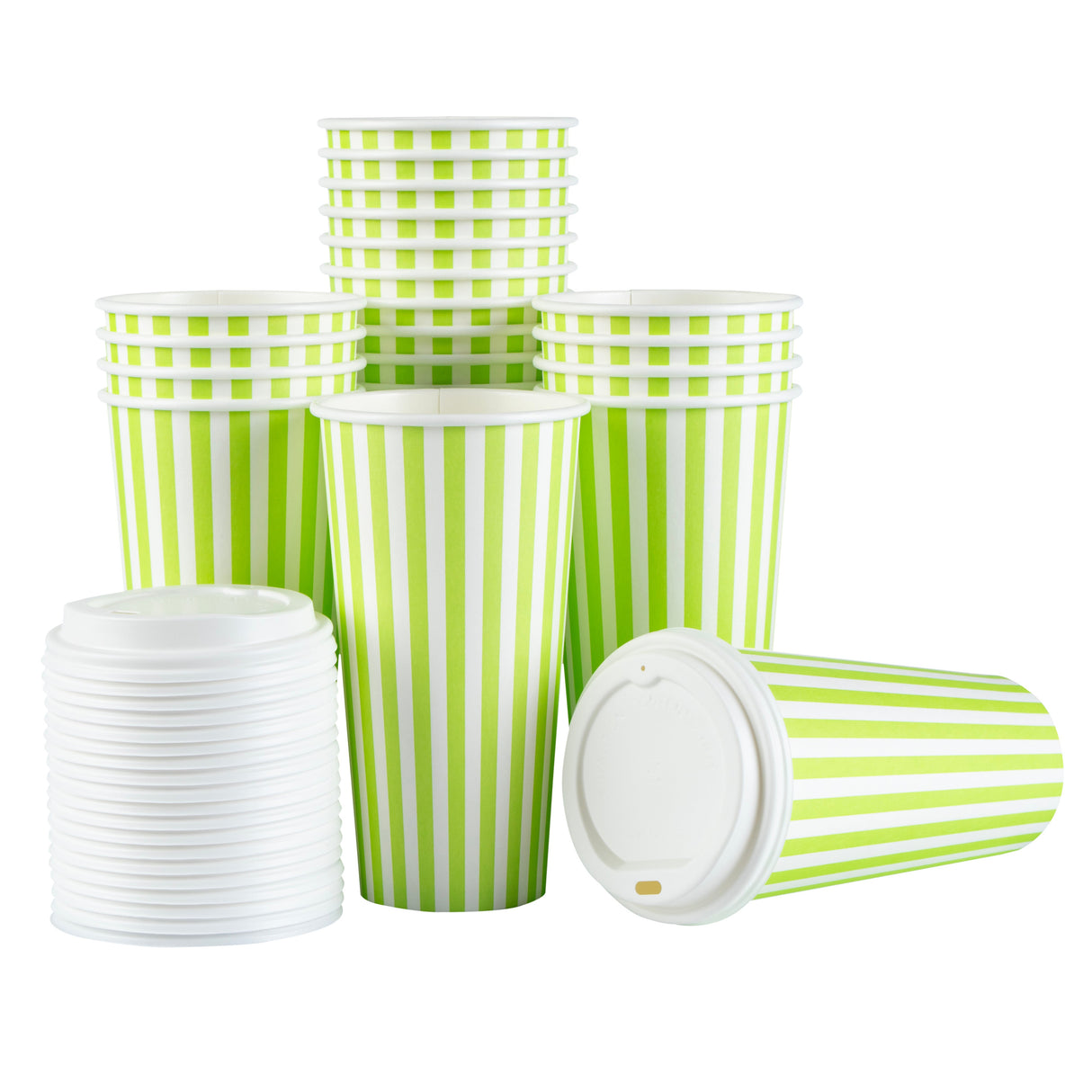 Cups, Hot, Restpresso 20 Ounce, Paper, Green & White Stripe, Single Wall, 3.50 x 3.50 x 6.50 Inch, with White Lid,20 - 20 COUNT