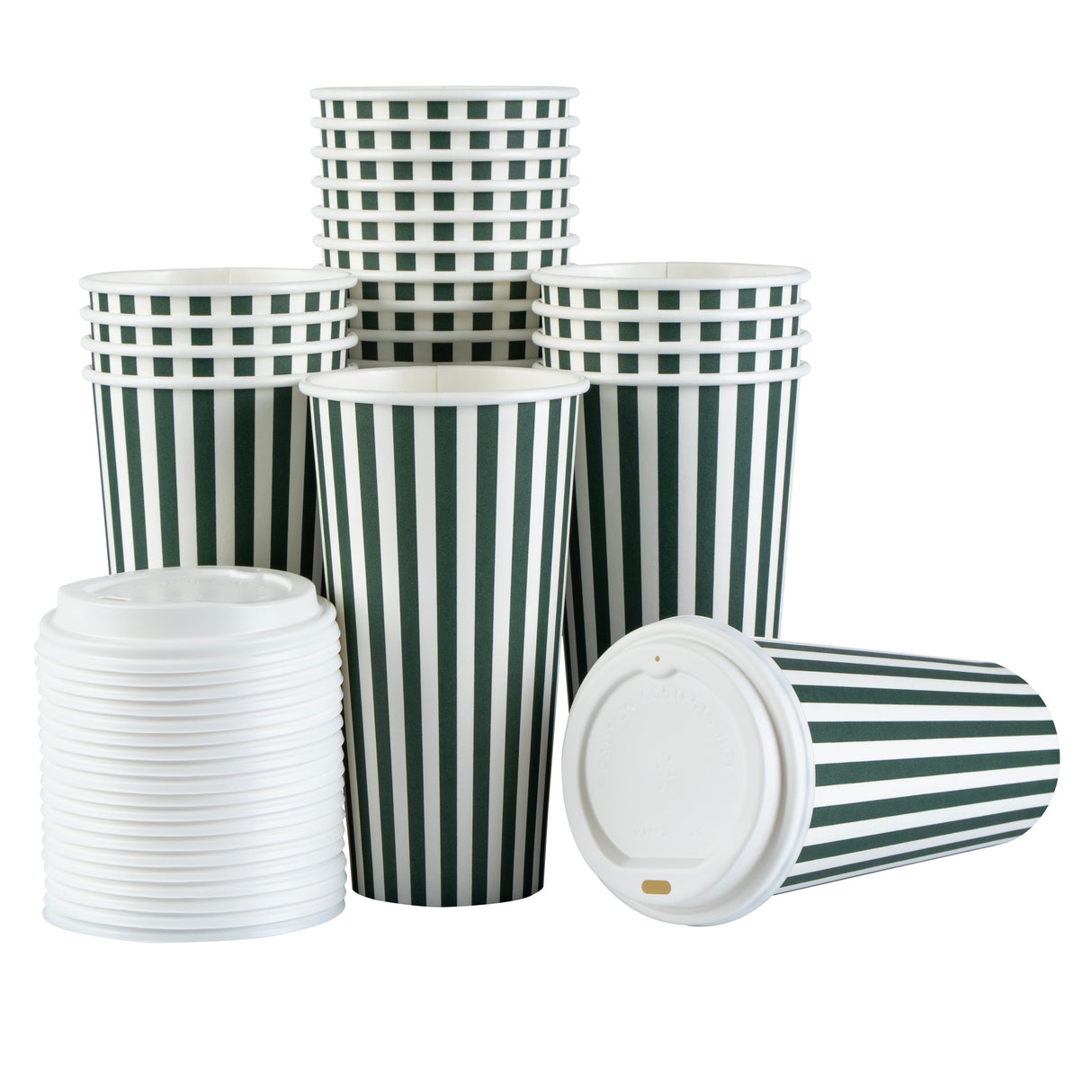 Cups, Hot, Restpresso 20 Ounce, Paper, Forest Green & White Stripe, Single Wall, 3.50 x 3.50 x 6.50 Inch, with White Lid,20 - 20 COUNT