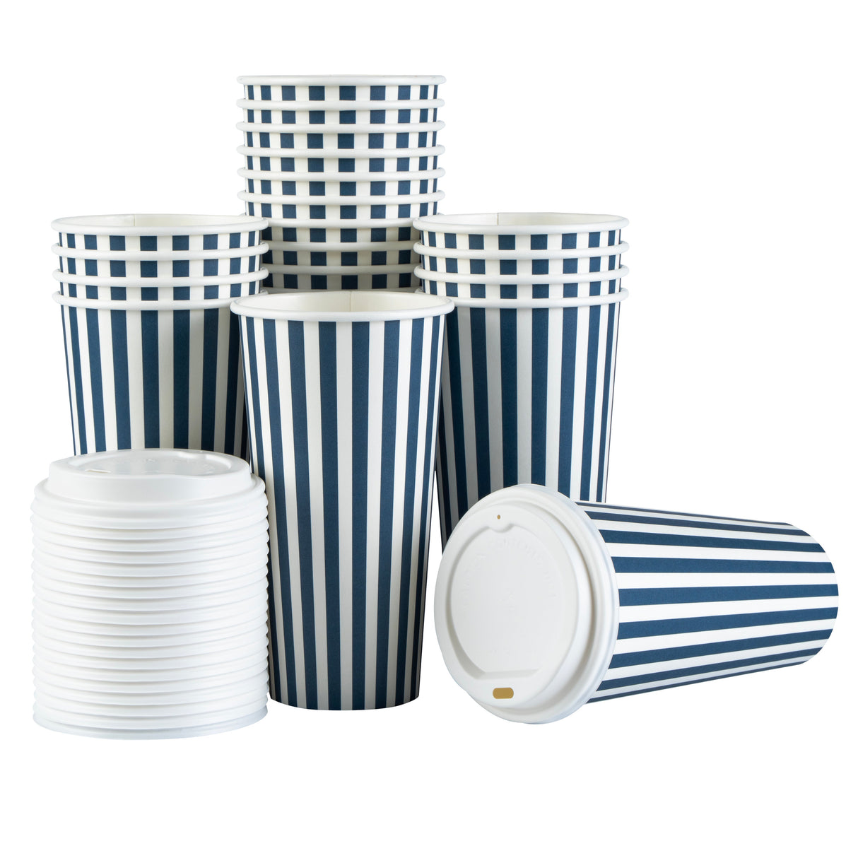 Cups, Hot, Restpresso 20 Ounce, Paper, Blue & White Stripe, Single Wall, 3.50 x 3.50 x 6.50 Inch, with White Lid,20 - 20 COUNT