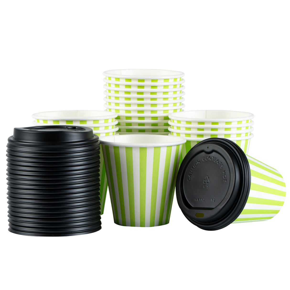 Cups, Hot, Restpresso 8 Ounce, Paper, Green & White Stripe, Single Wall, 3.50 x 3.50 x 3.25 Inch, with Black Lid,20 - 20 COUNT