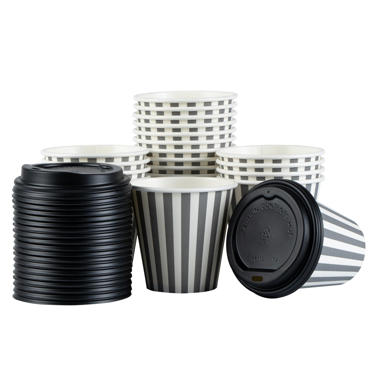Cups, Hot, Restpresso 8 Ounce, Paper, Gray & White Stripe, Single Wall, 3.50 x 3.50 x 3.25 Inch, with Black Lid,20 - 20 COUNT