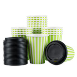 Cups, Hot, Restpresso 12 Ounce, Paper, Green & White Stripe, Single Wall, 3.50 x 3.50 x 4 Inch, with Black Lid,20 - 20 COUNT