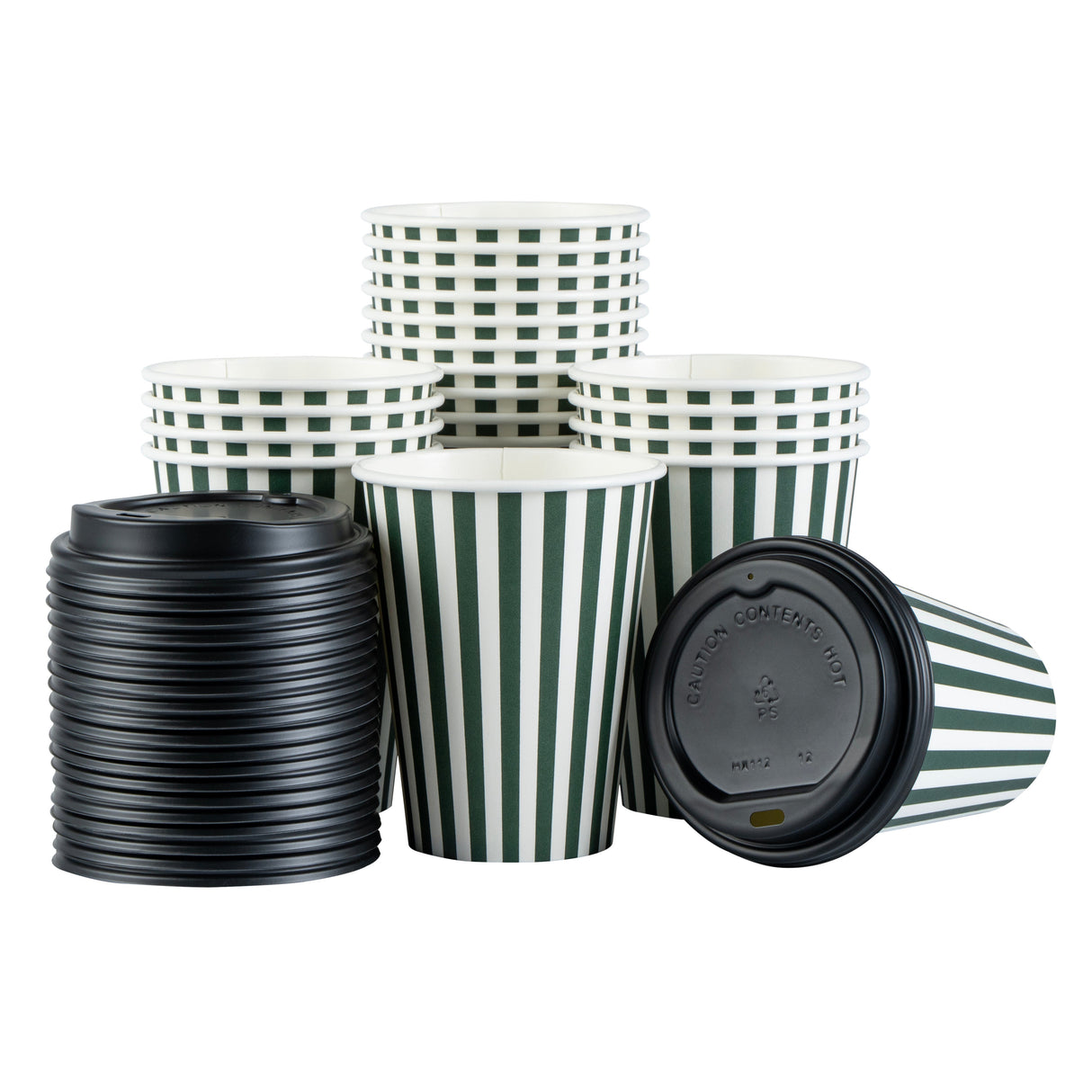 Cups, Hot, Restpresso 12 Ounce, Paper, Forest Green & White Stripe, Single Wall, 3.50 x 3.50 x 4 Inch, with Black Lid,20 - 20 COUNT