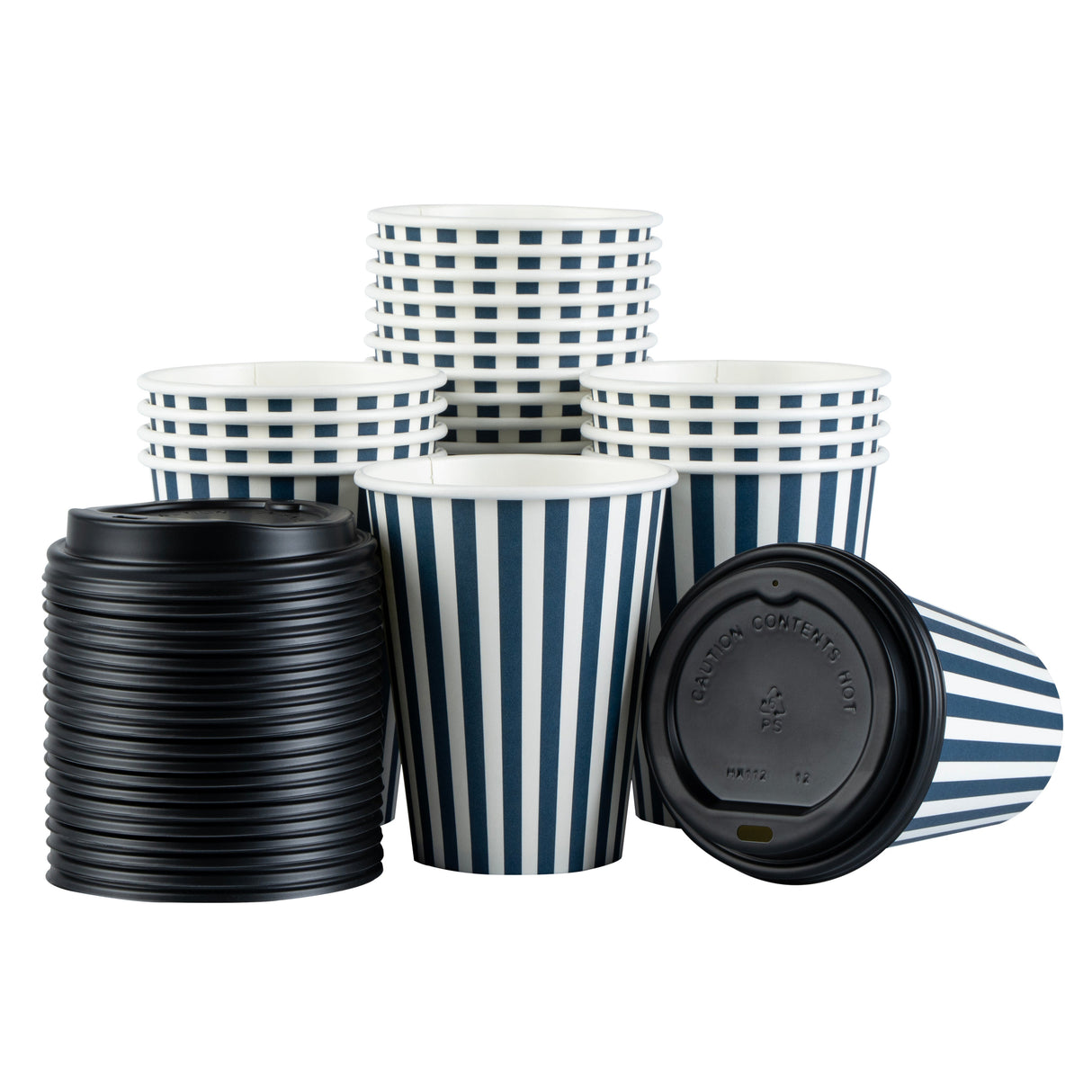 Cups, Hot, Restpresso 12 Ounce, Paper, Blue & White Stripe, Single Wall, 3.50 x 3.50 x 4 Inch, with Black Lid,20 - 20 COUNT