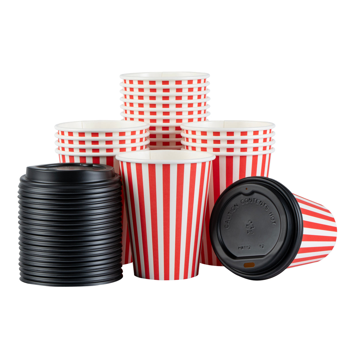 Cups, Hot, Restpresso 12 Ounce, Paper, Red & White Stripe, Single Wall, 3.50 x 3.50 x 4 Inch, with Black Lid,20 - 20 COUNT