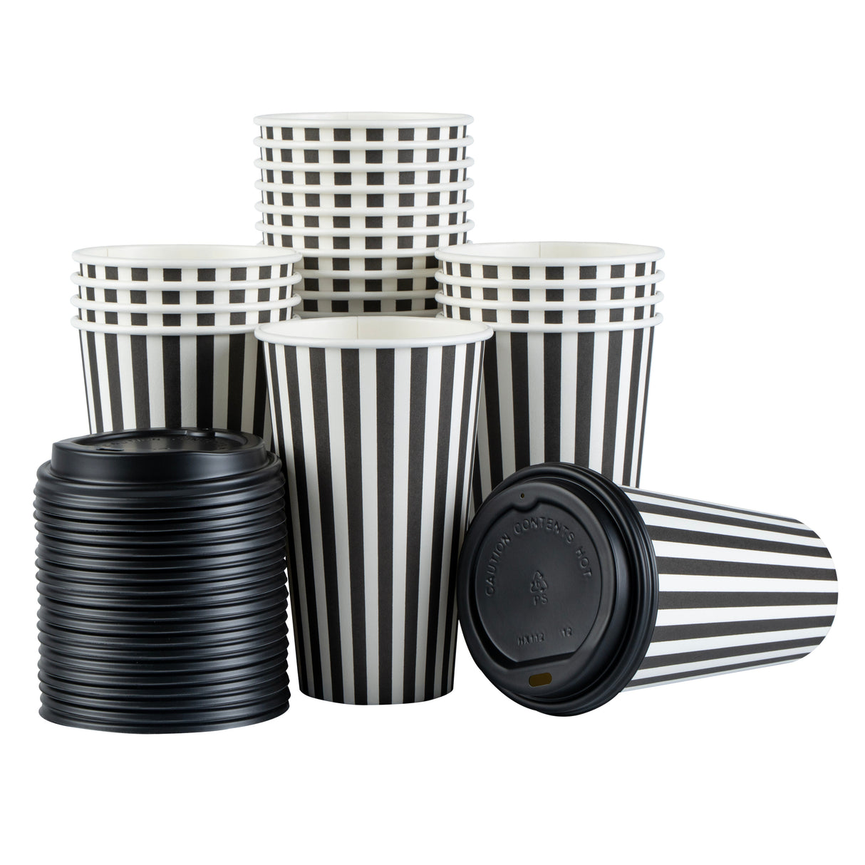 Cups, Hot, Restpresso 16 Ounce, Paper, Black & White Stripe, Single Wall, 3.50 x 3.50 x 5.50 Inch, with Black Lid,20 - 20 COUNT