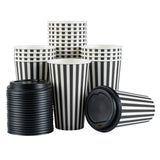 Cups, Hot, Restpresso 16 Ounce, Paper, Black & White Stripe, Single Wall, 3.50 x 3.50 x 5.50 Inch, with Black Lid,20 - 20 COUNT