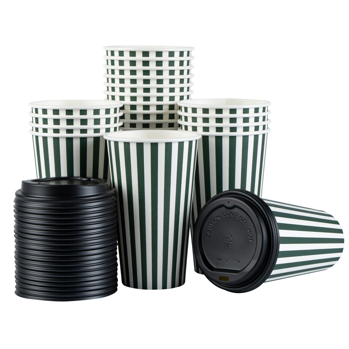Cups, Hot, Restpresso 16 Ounce, Paper, Forest Green & White Stripe, Single Wall, 3.50 x 3.50 x 5.50 Inch, with Black Lid,20 - 20 COUNT