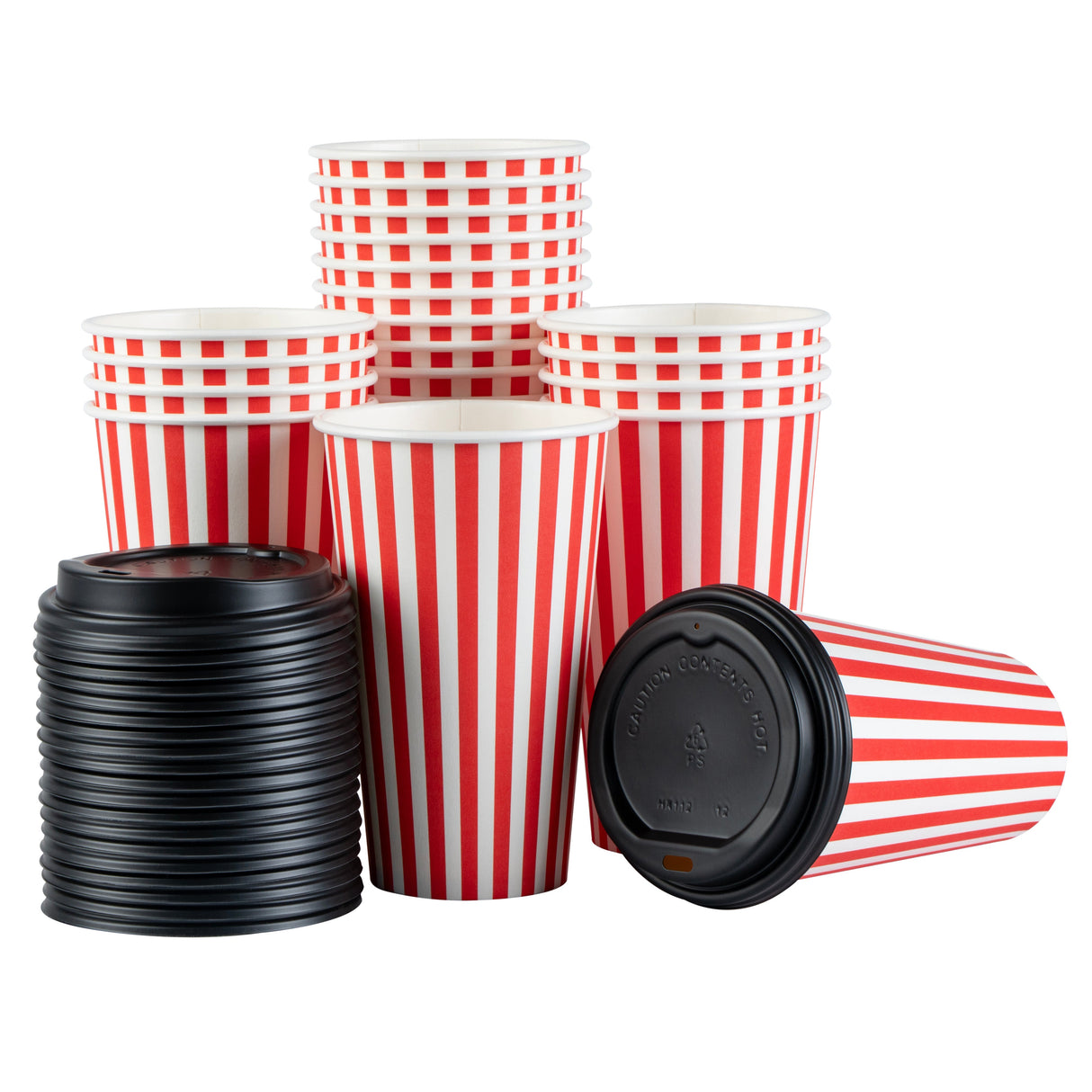 Cups, Hot, Restpresso 16 Ounce, Paper, Red & White Stripe, Single Wall, 3.50 x 3.50 x 5.50 Inch, with Black Lid,20 - 20 COUNT
