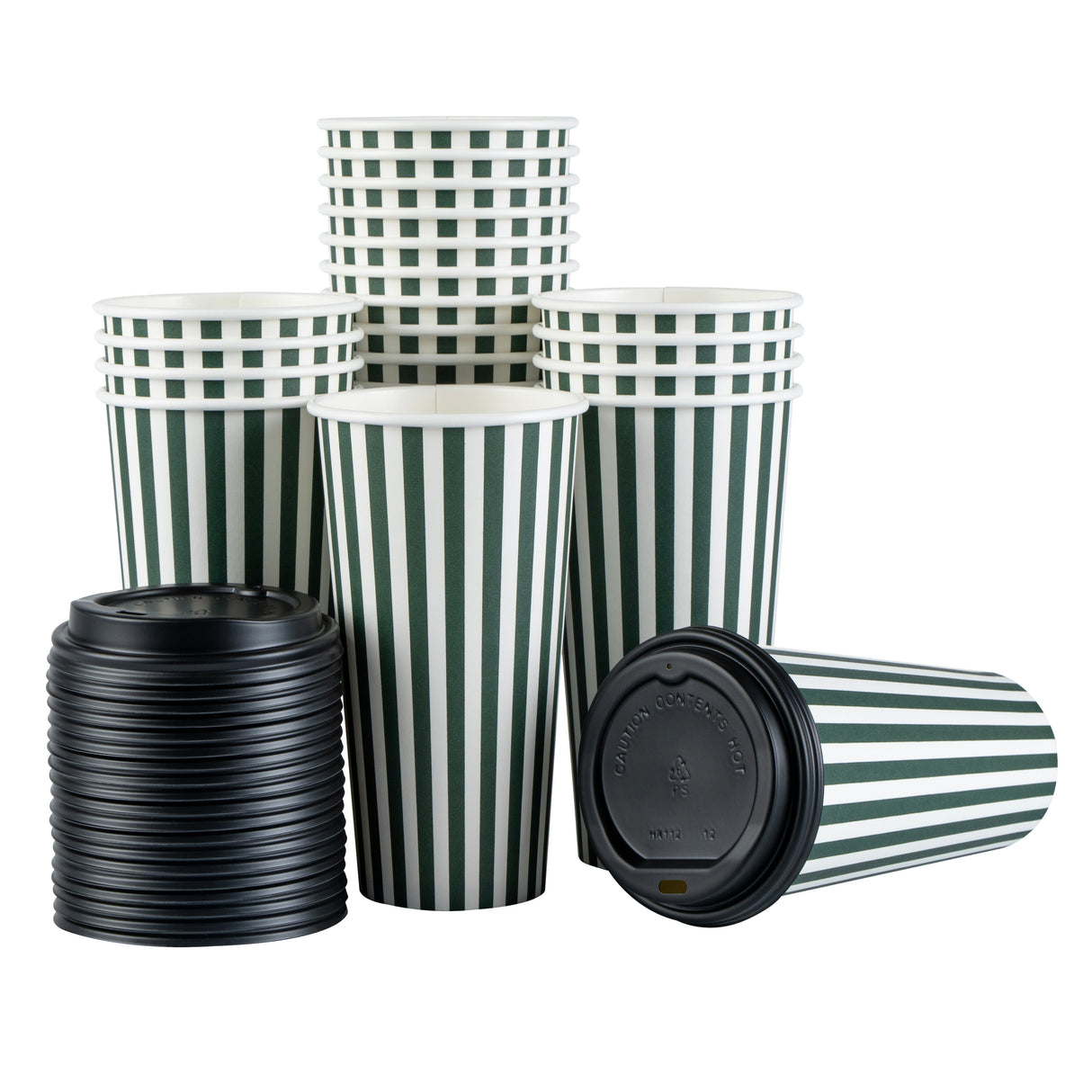 Cups, Hot, Restpresso 20 Ounce, Paper, Forest Green & White Stripe, Single Wall, 3.50 x 3.50 x 6.25 Inch, with Black Lid,20 - 20 COUNT