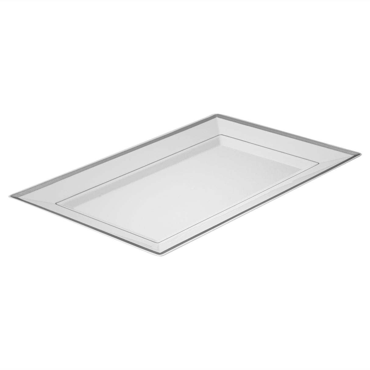Plates, Moderna 11.50 x 7.25 x 0.75 Inch, Plastic, White, Silver-Rim, Rectangular,10 - 1 EACH