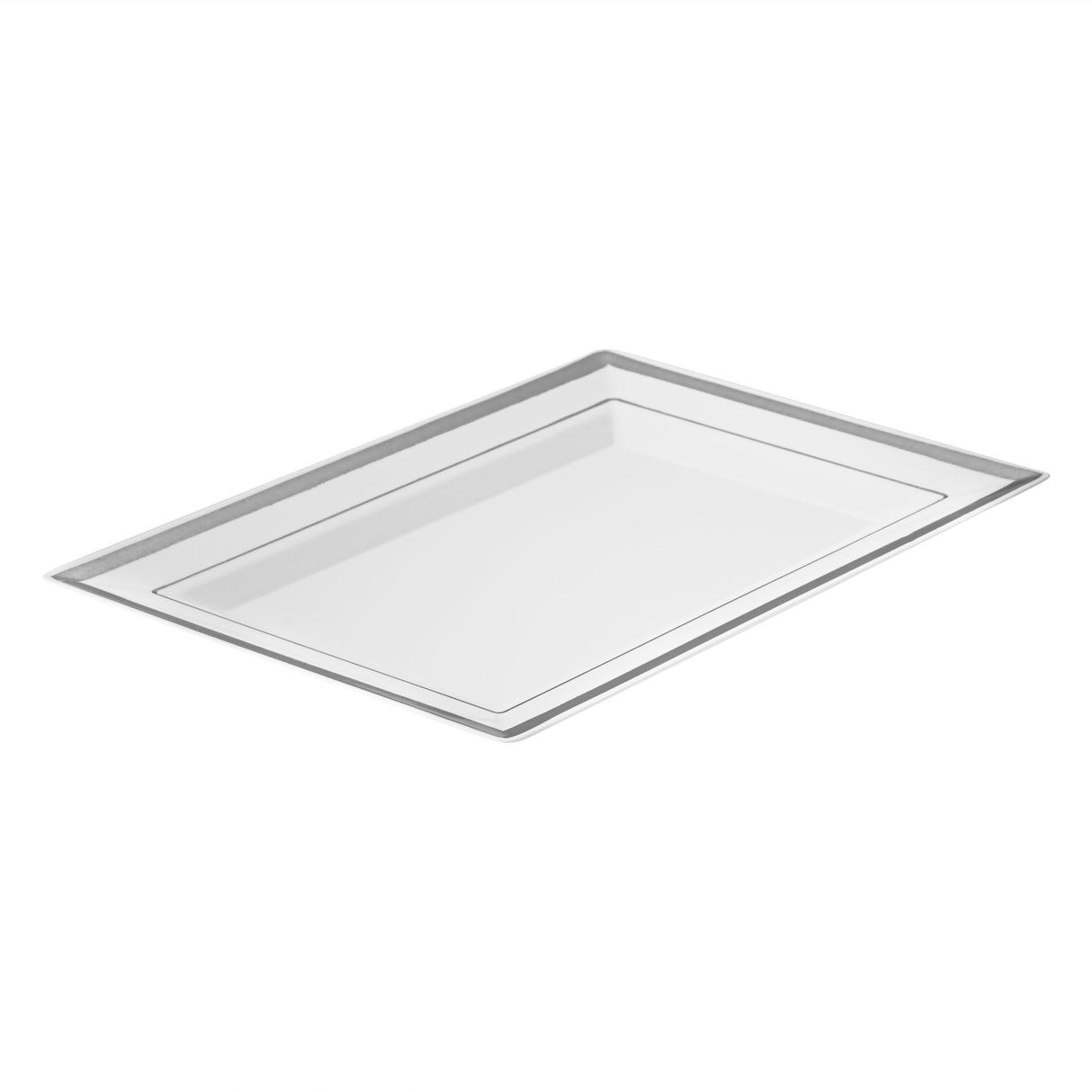 Plates, Moderna 7.50 x 5.25 x 0.50 Inch, Plastic, White, Silver-Rim, Rectangular,10 - 1 EACH