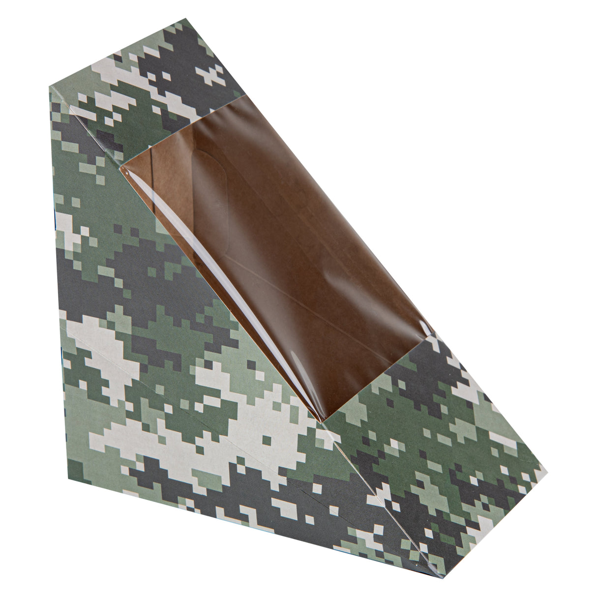 Boxes, Sandwich, Cafe Vision Medium, Paper, Camouflage, 4.75 x 4.75 x 2.75 Inch, Wedge, with Window,25 - 1 EACH