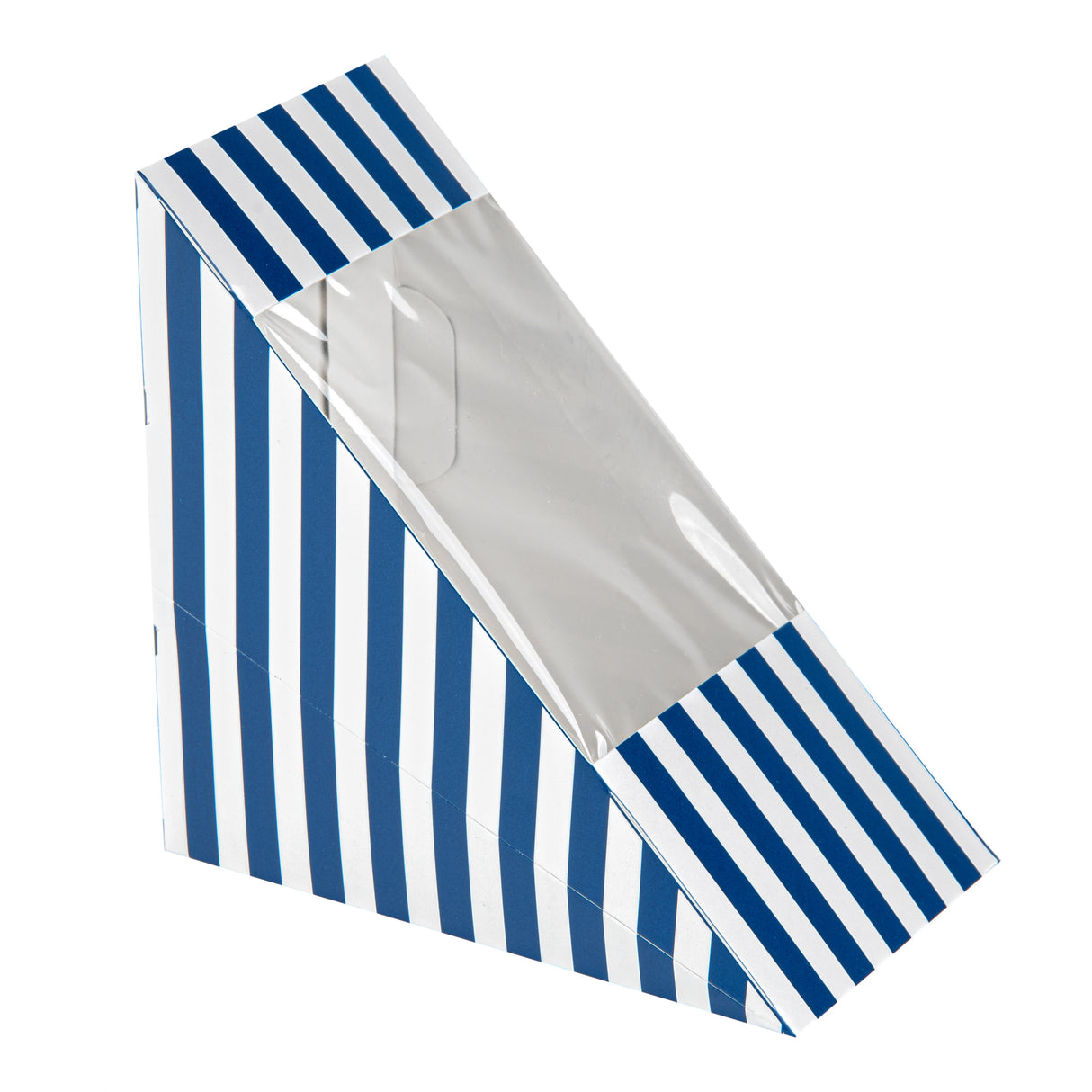 Boxes, Sandwich, Cafe Vision Medium, Paper, Blue & White Stripe, 4.75 x 4.75 x 2.75 Inch, Wedge, with Window,25 - 1 EACH