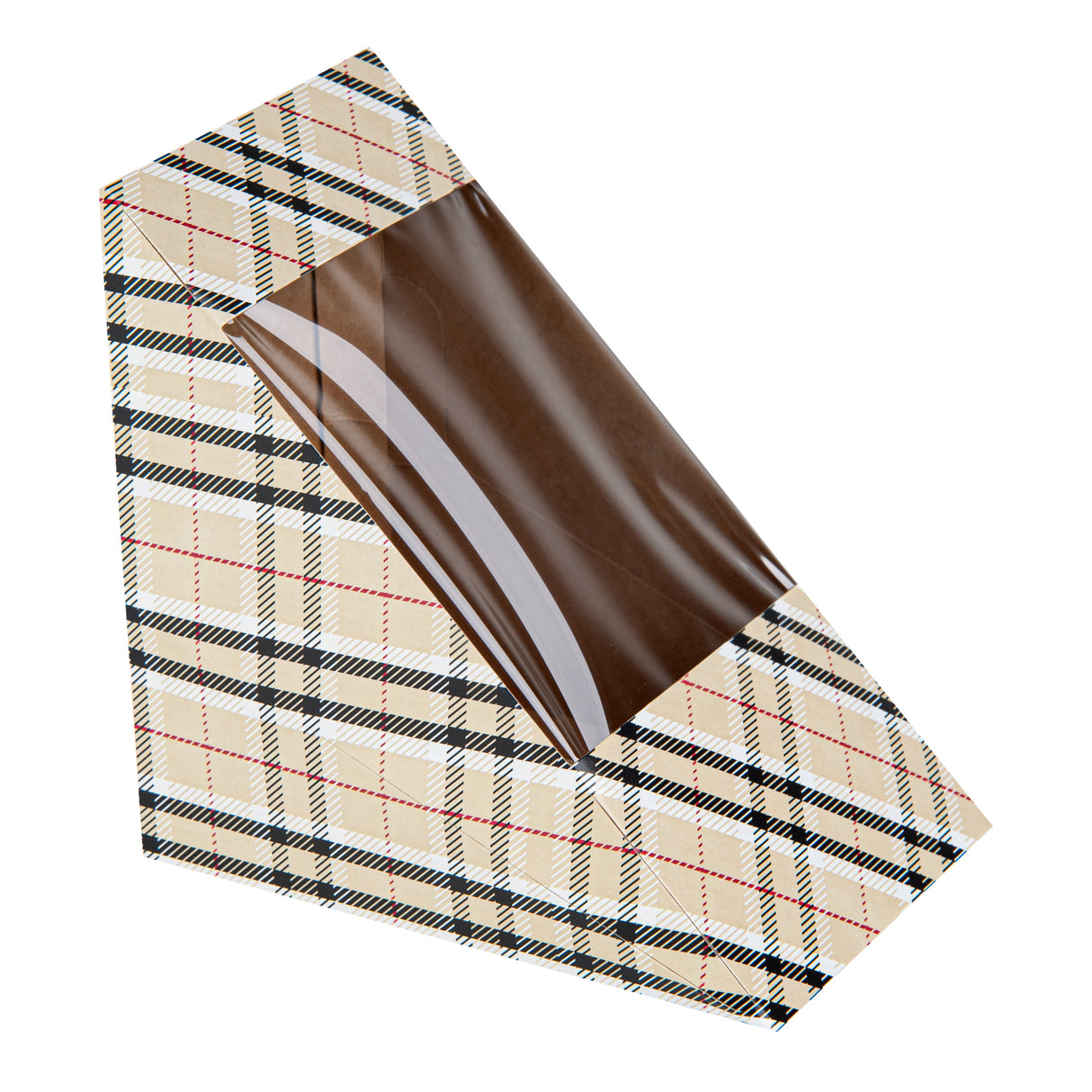 Boxes, Sandwich, Cafe Vision Large, Paper, Plaid, 4.75 x 4.75 x 3.25 Inch, Wedge, with Window,25 - 1 EACH