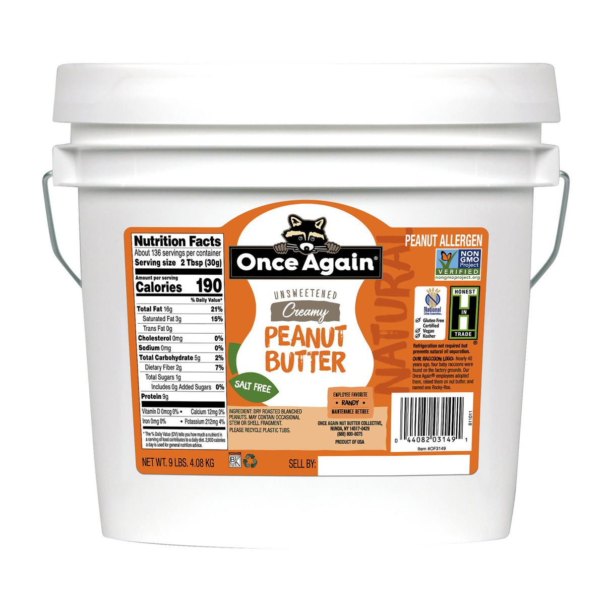 Peanut Butter, Unsweetened, Creamy, Salt Free, Pail, Bulk,1 - 9 POUND