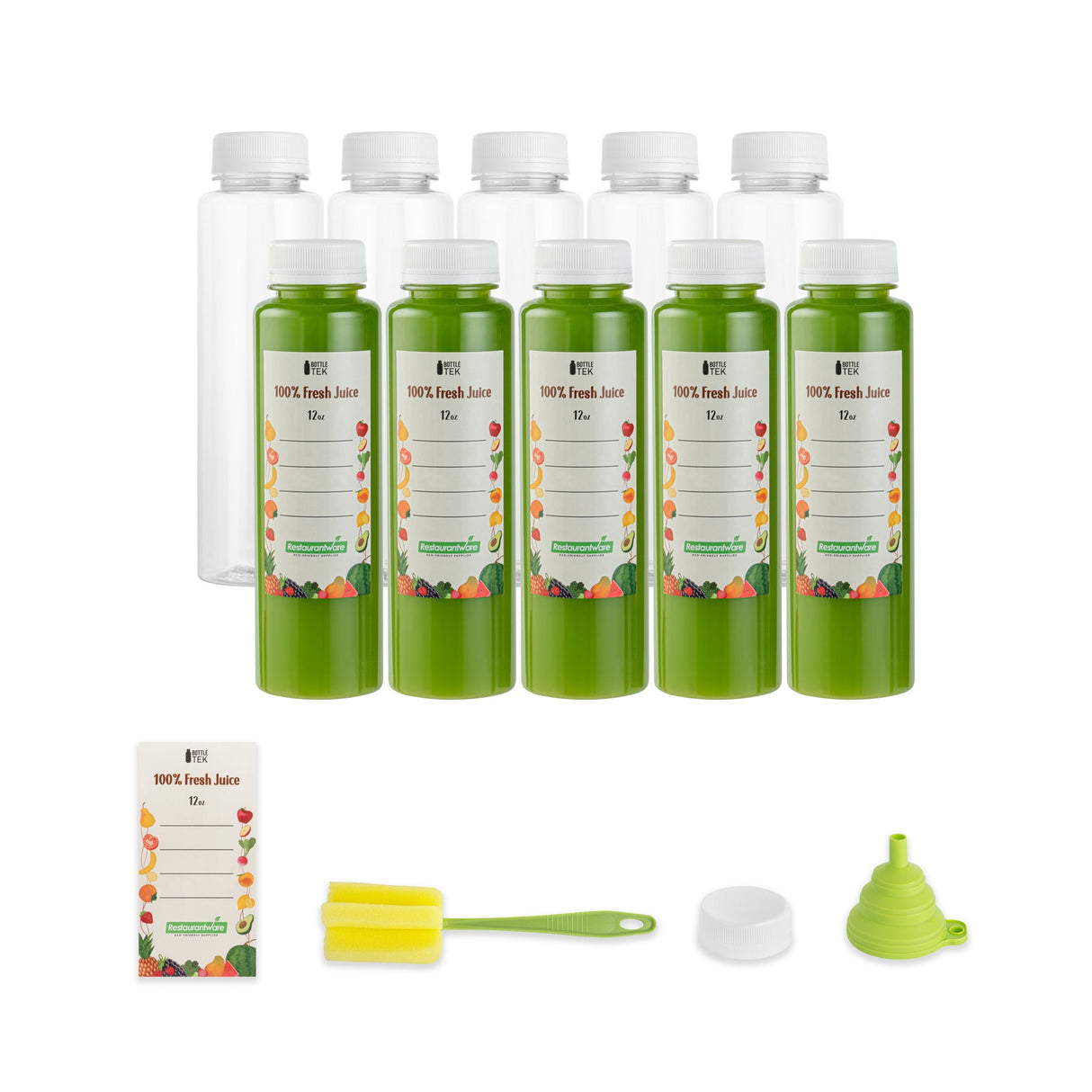 Bottles, Juice, Bottle Tek 12 Ounce, Plastic, Clear, Round, Includes 10 Funnels/10 Cleaning Brush,10 - 1 EACH