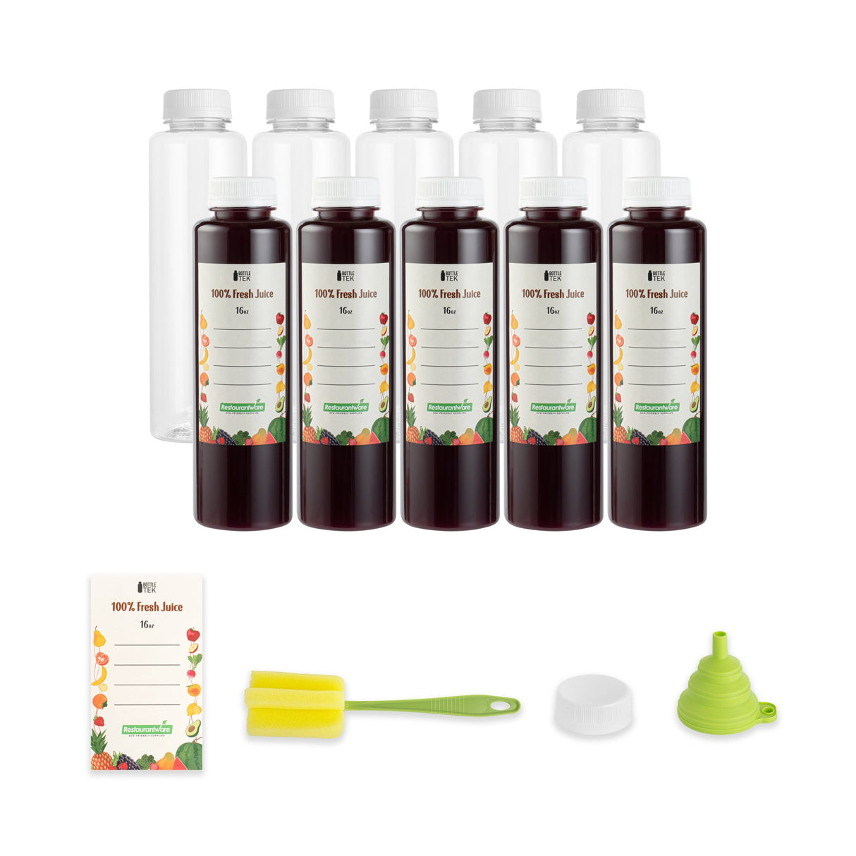 Bottles, Juice, Bottle Tek 16 Ounce, Plastic, Clear, Round, Includes Funnel/Cleaning Brush/10 Lab,1 - 12 PIECE