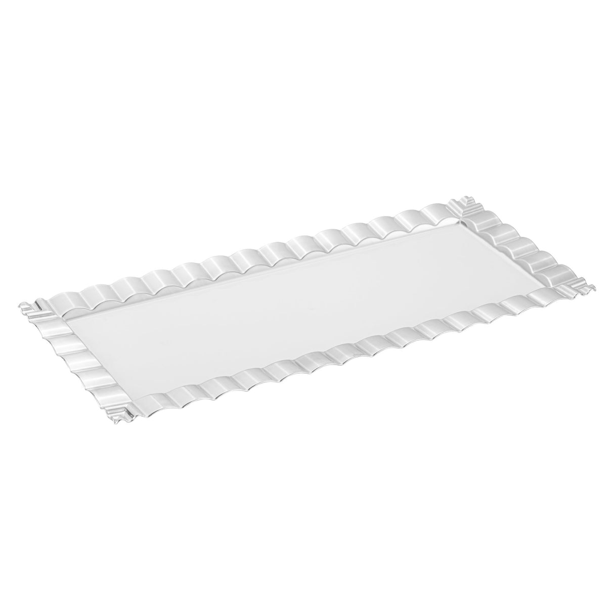 Plates, Maxi Serve 14.25 x 6.25 Inch, Plastic, White, with Silver Ruffled Rim, Rectangular,4 - 25 COUNT