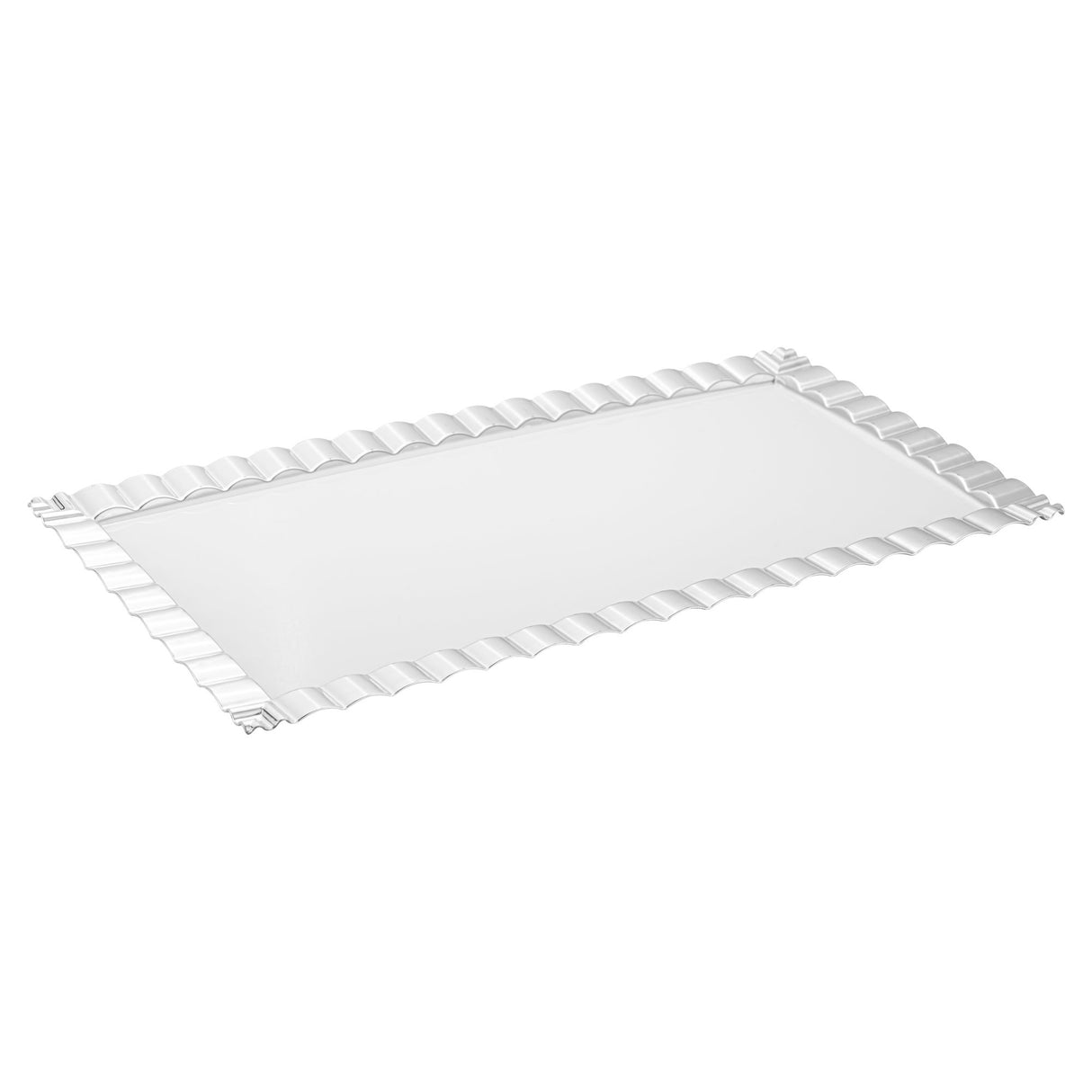 Plates, Maxi Serve 17 x 9 Inch, Plastic, White, with Silver Ruffled Rim, Rectangular,4 - 25 COUNT