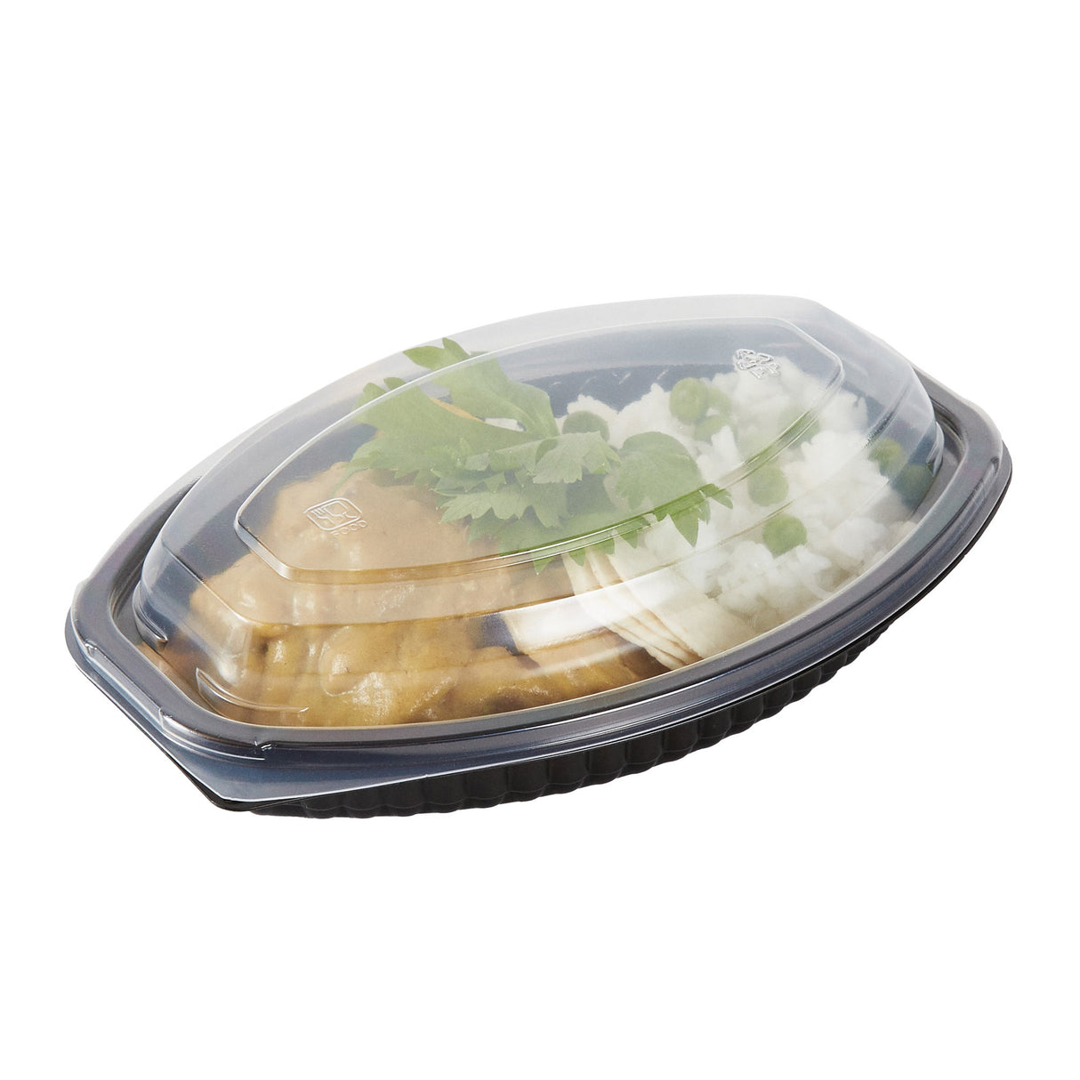 Containers, Food, RW Base 12 Ounce, Microwavable Plastic, Black, 8 x 5.50 x 2 Inch, Oval, Includes Clear Lid,50 - 1 EACH