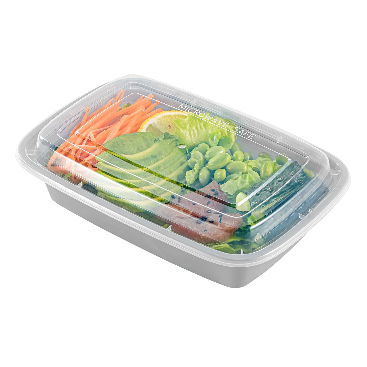 Boxes, To-Go, Asporto 24 Ounce, Microwavable Plastic, Silver, 8 x 5.25 x 1.75 Inch, Includes Clear Plastic Lid, Rectangular,2 - 50 COUNT