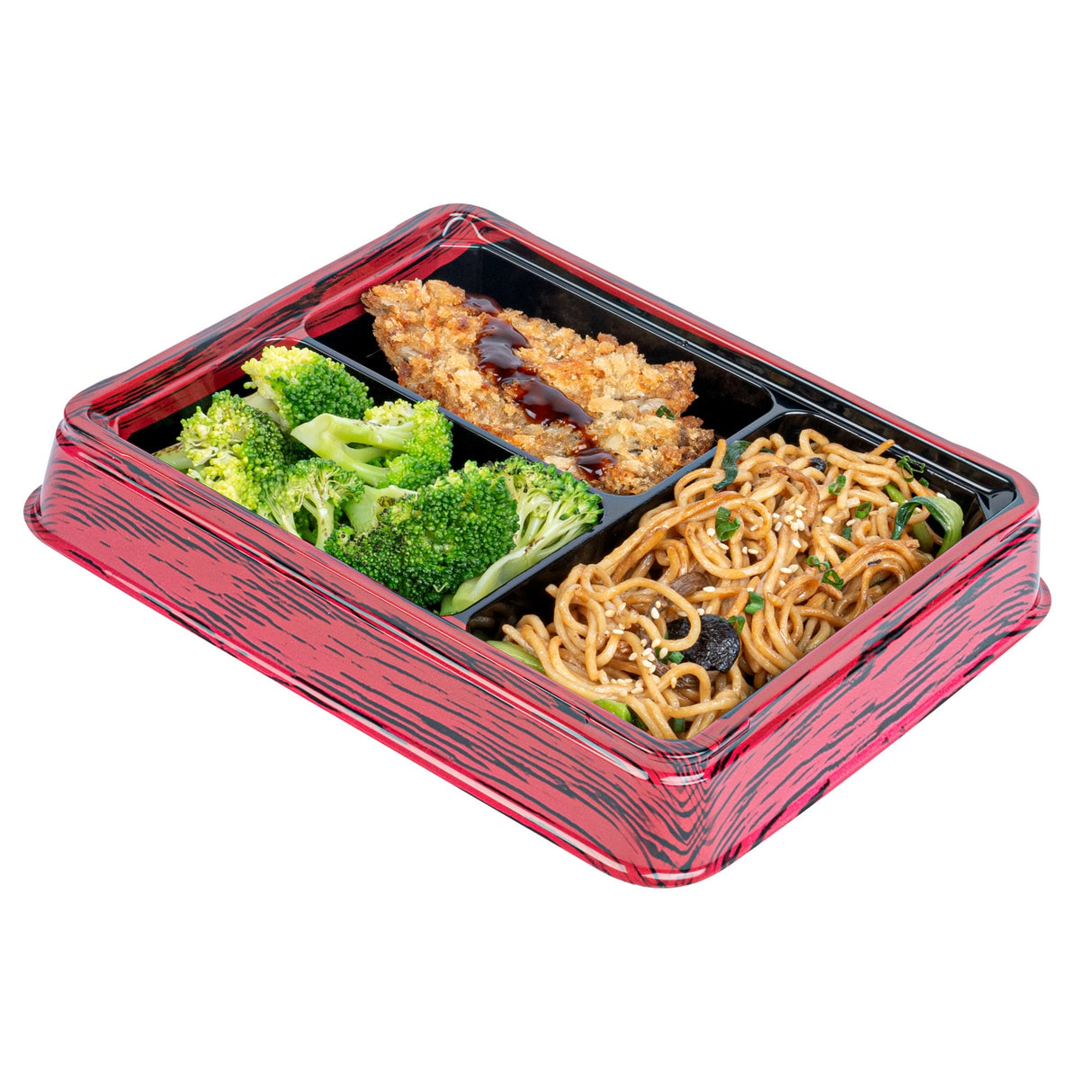 Boxes, 3-Compartment, Bento Tek 16 Ounce, Plastic, Red & Black, 8.75 x 7.50 x 1.25 Inch, Rectangular,2 - 50 COUNT