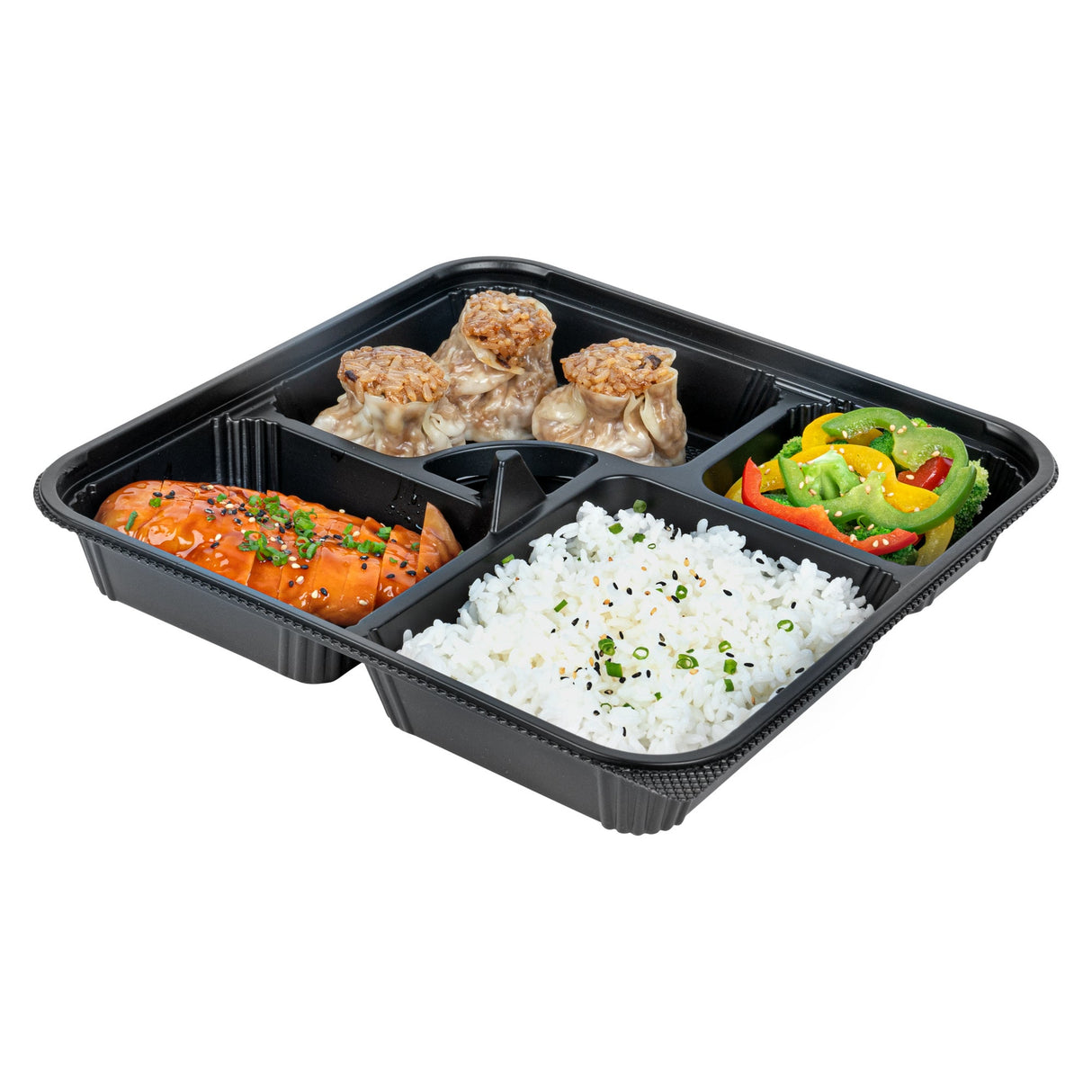 Boxes, 5-Compartment, Bento Tek 40 Ounce, Plastic, Black, 10.50 x 10.50 x 2 Inch, Square,50 - 1 EACH