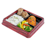 Boxes, 4-Compartment, Bento Tek 18 Ounce, Plastic, Red & Black, 8.50 x 8.50 x 1.25 Inch, Square,50 - 1 EACH