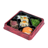Boxes, 5-Compartment, Bento Tek 19 Ounce, Plastic, Red & Black, 8.50 x 8.50 x 1.25 Inch, Square,50 - 1 EACH