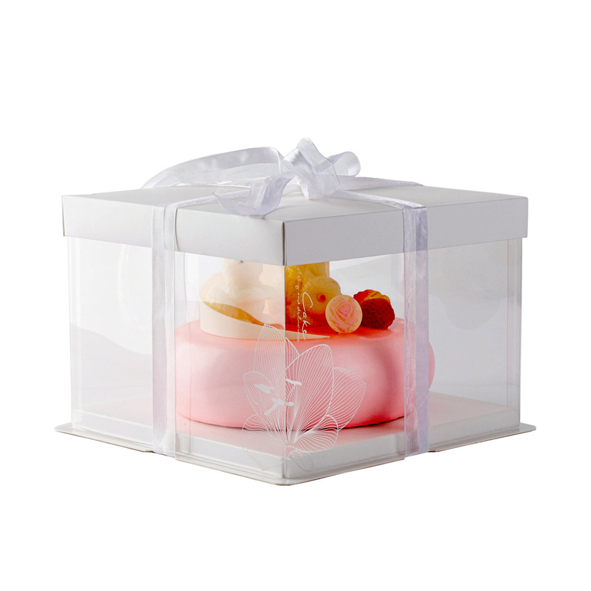 Boxes, Cake, Sweet Vision 8.5 x 8.5 x 6.75 Inch, Plastic, Clear, Square, with White Base & Lid/Gray Ribbon/Lotus Accent,1 - 10 COUNT