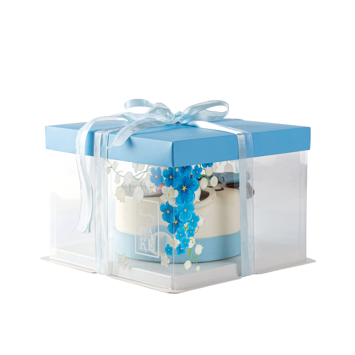 Boxes, Cake, Sweet Vision 8.5 x 8.5 x 6.75 Inch, Plastic, Clear, Square, with Blue Lid & Ribbon/White Base/Flower Accent,1 - 10 COUNT