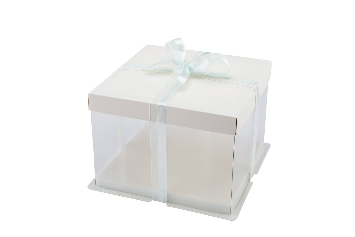 Boxes, Cake, 8.5 x 8.5 x 6.75 Inch, Plastic, Clear, Square, with White Lid/White Base/Gray Ribbon,1 - 10 COUNT