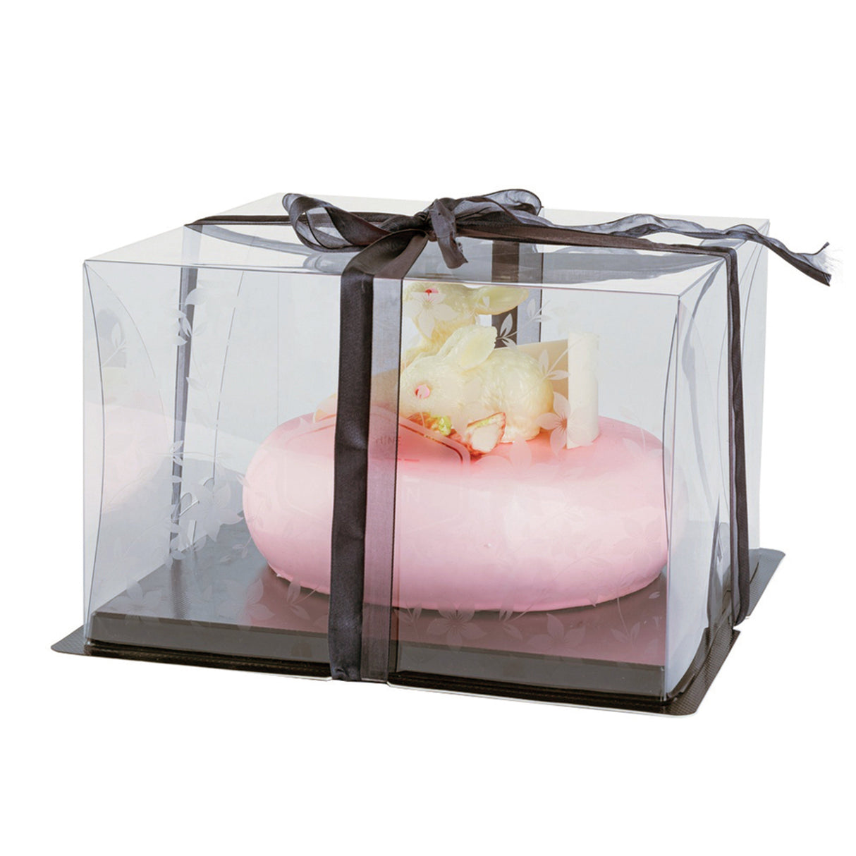 Boxes, Cake, 10 x 10 x 6.75 Inch, Square, Clear Plastic, Black Base, Black Ribbon, Flower Garden Design,1 - 10 COUNT