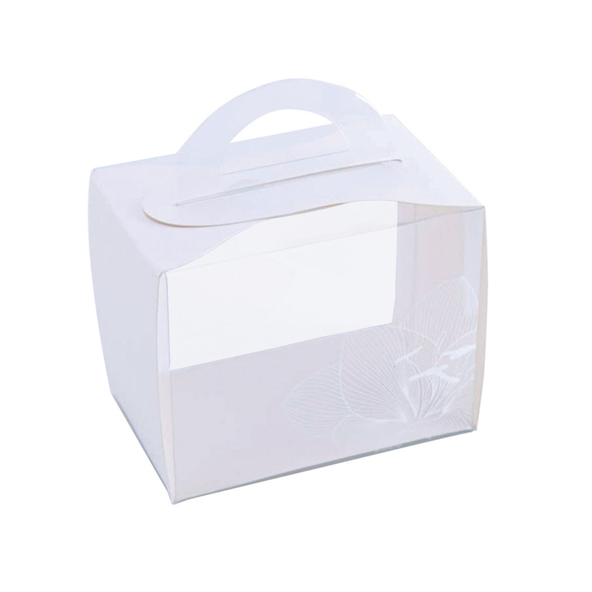 Boxes, Cupcake, 5 x 3.25 x 4 Inch, Rectangle, Clear Plastic, White Paper Wrap, Lotus Accent, with Handle,1 - 100 COUNT