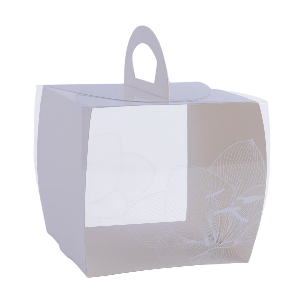 Boxes, Cake, 4 x 4 x 4.25 Inch, Square, Clear Plastic, White Paper Wrap, Lotus Accent, with Handle,1 - 100 COUNT