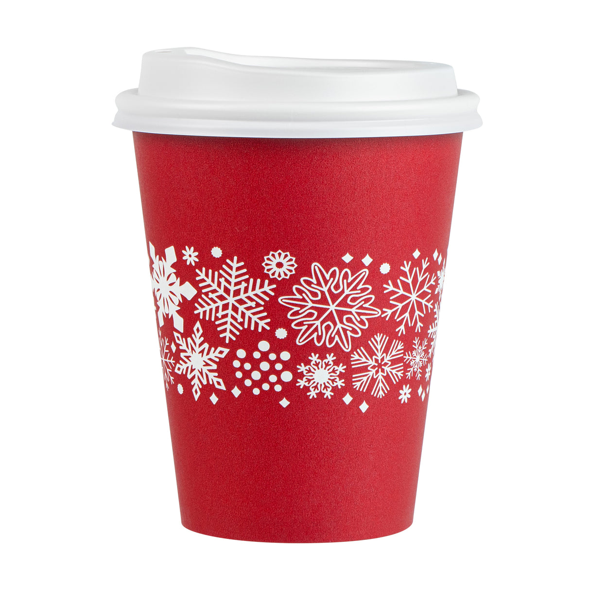Cup, Hot, Restpresso 12 Ounce, Paper, Holiday Snowflake Print, Red, 3.50 x 4.75 Inch, includes White Lid,20 - 20 COUNT